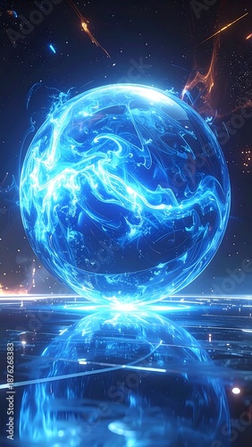A glowing blue sphere with swirling patterns on a reflective surface against a dark background