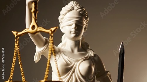 Blindfolded statue holding scales of justice and sword