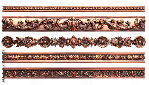 Intricate, copper-toned decorative border elements with varying floral and scroll designs