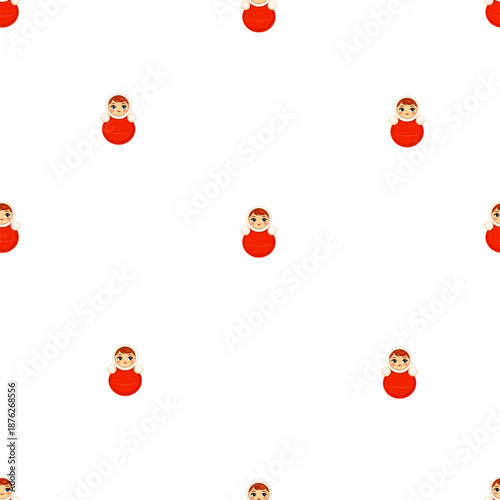 Seamless vector pattern with cute roly poly doll inspired by Russian folk toy and vintage circus aesthetics. Minimal flat illustration on white background, playful retro character, perfect for kids