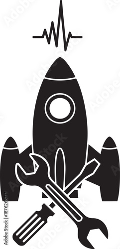 Black silhouette of rocket with tools and heartbeat graph above indicating space repairs vector