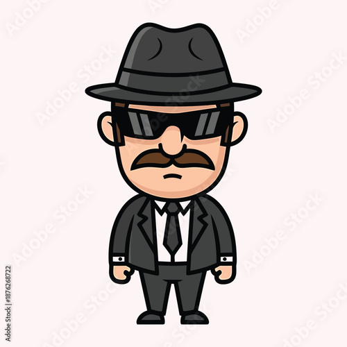 Cartoon man in black suit and hat with sunglasses