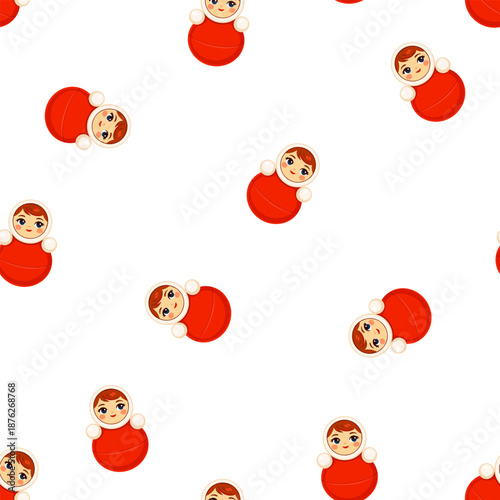 Seamless vector pattern with cute roly poly doll inspired by Russian folk toy and vintage circus aesthetics. Minimal flat illustration on white background, playful retro character, perfect for kids