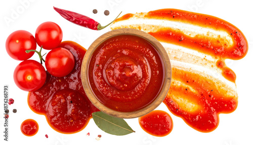 Tomatoes, sauce, and spices arranged on a black background. Overhead shot