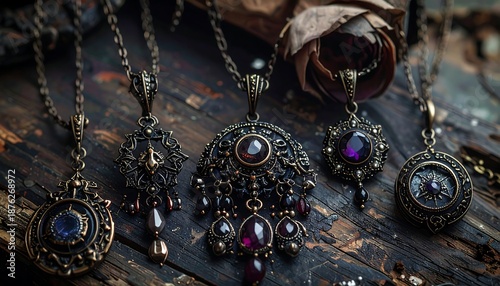 A collection of ornate, vintage-style necklaces with gemstones on a rustic wooden surface