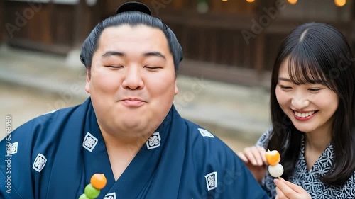 Sumo wrestler eating dango with young woman at outdoor stall