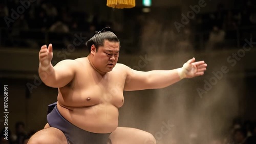 Sumo wrestler throwing salt into the air for purification