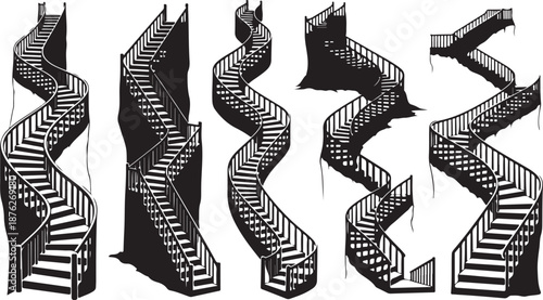 Black and white illustration of multiple spiral staircases designs
