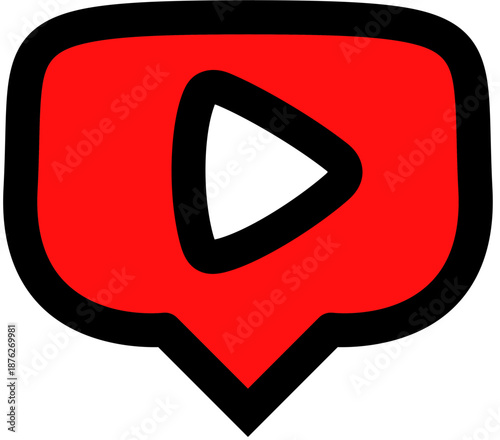 Hand-drawn red speech bubble icon with a white play button, symbolizing online video content, streaming, or social media engagement and digital interaction