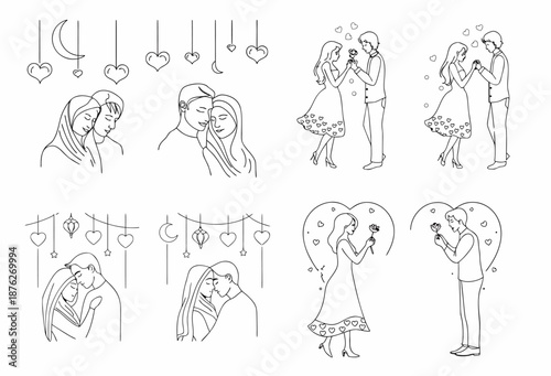 Romantic couple illustrations with heart decorations and love symbols