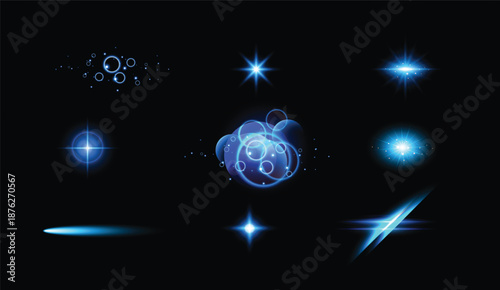 Modern Sparkling blue particles drifting in darkness illustration.