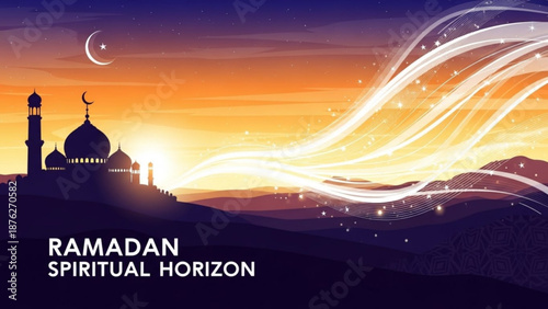 Ramadan spiritual horizon with mosque silhouette and crescent moon glowing light streaks symbolizing faith and hope sunset sky