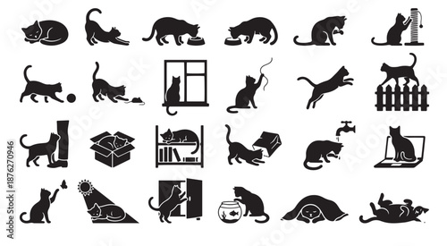Cat silhouette vector icon set depicting various playful and sleeping poses