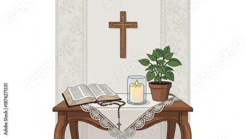 Christian altar with open bible rosary beads lit candle and potted plant religious symbols for worship and prayer isolated on white
