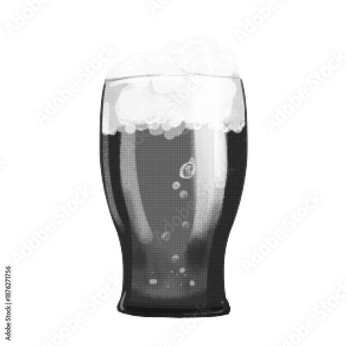 Black and white halftone illustration of a glass of beer with foam, isolated on white background. Alcohol beverage concept for bar, pub, Oktoberfest, celebration, or leisure design.