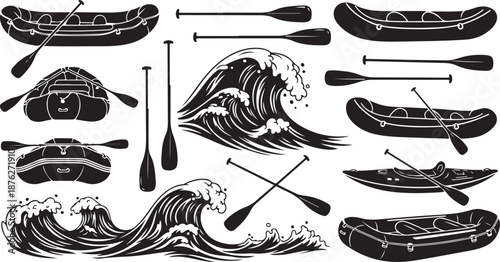 Black and White Illustration of Kayaking and Ocean Waves