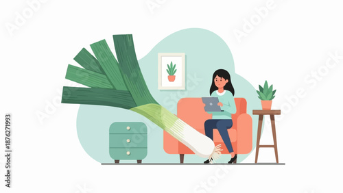Woman on couch with laptop next to giant leek and houseplants
