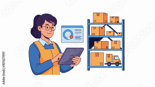 Woman managing inventory with tablet by storage shelves and delivery truck