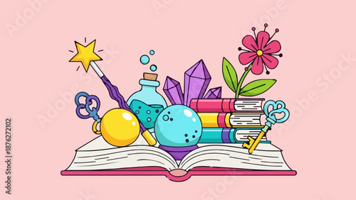 Whimsical magical items including a wand, crystals, potion, and books overflow from an open book