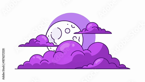 Whimsical purple clouds obscure a smiling cartoon moon in a stylized night sky