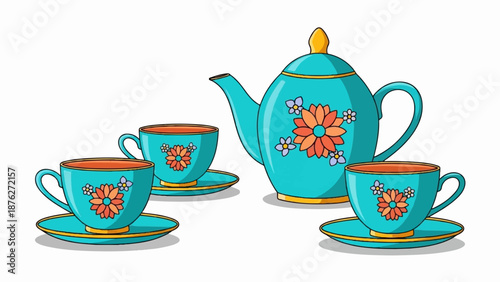Whimsical teal tea set with floral designs, featuring a teapot and three cups with saucers