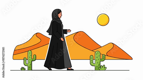 Woman walks through a desert landscape with sand dunes, cacti, and sun