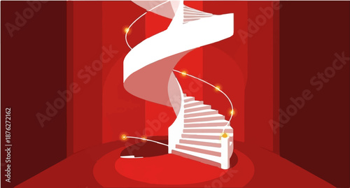 Whimsical spiral staircase ascending in a red-toned abstract space with glowing orbs