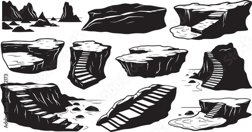 Black and white rocky cliff illustrations with stairs designs