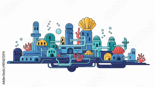 Whimsical underwater city with coral, shells, and bubbles in a blue palette