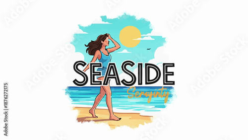 Woman walks on beach with sun and waves, "SEASIDE Serenity" text