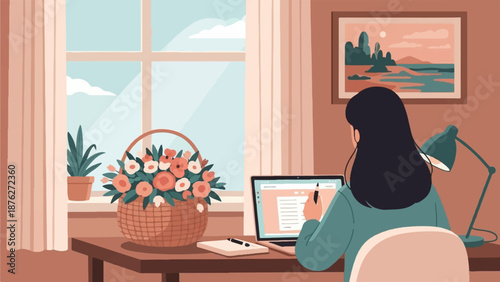 Woman working at a desk with laptop and flowers near window