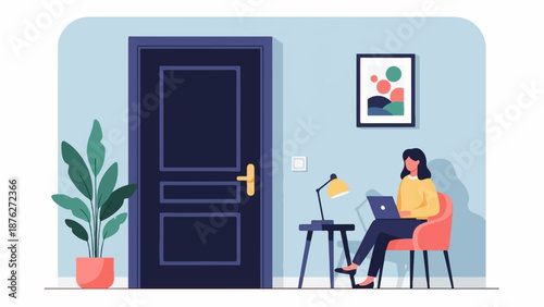 Woman working on a laptop by a doorway, with a plant and artwork