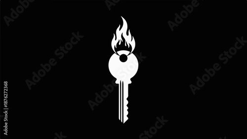 White stylized key with flames at top on black background