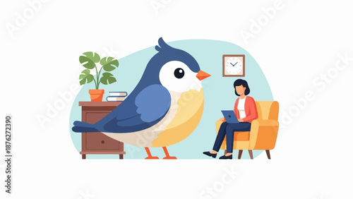 Woman working on laptop in armchair near giant bird and desk with plant