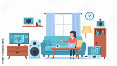 Woman working on laptop in living room with multiple screens and speakers