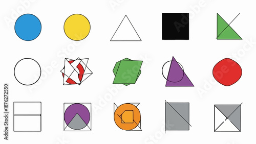 Various geometric shapes and abstract forms, some colored, some outlined