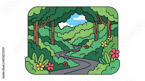 Winding road through a lush green forest with trees and flowers under a blue sky