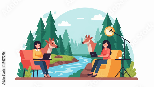 Women working remotely in a forest beside a river with deer