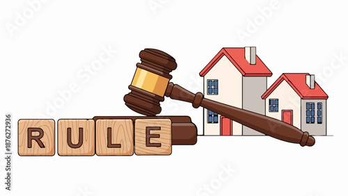 Wooden blocks spell out "RULE" near a judge's gavel and two houses