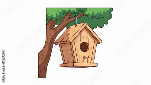 Wooden birdhouse hanging from a tree branch with green leaves