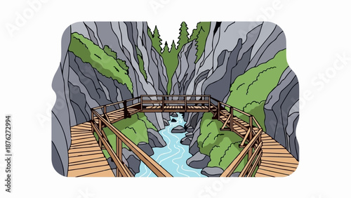 Wooden boardwalk overlooks a flowing river through a rocky, forested gorge