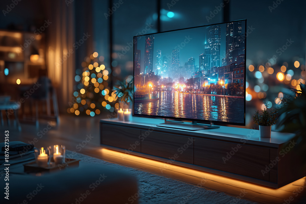 Fototapeta premium Futuristic Night Cityscape View from Modern Balcony Terrace with Illuminated Urban Skyline