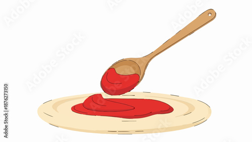 Wooden spoon tipping red sauce onto a light-colored plate