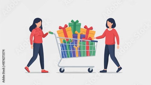 Two people push a full shopping cart brimming with colorful gift boxes on a plain background