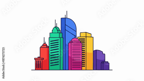 Vibrant cartoon cityscape with colorful, geometric skyscrapers and a clean white background