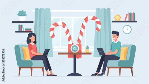 Two people work on laptops in a cozy room decorated with candy canes and holiday items