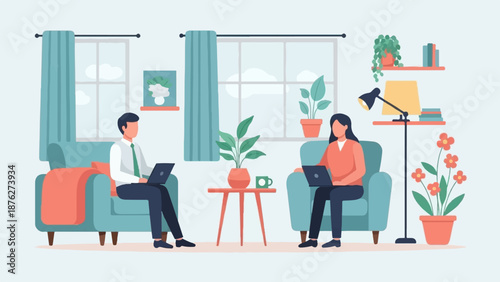 Two people work on laptops in a cozy living room with plants and windows