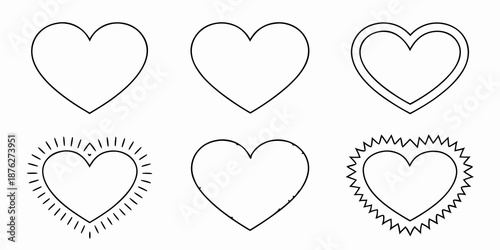 A collection of simple black and white heart shapes in various styles