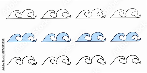 Variations of wave patterns simple line drawings and blue water waves