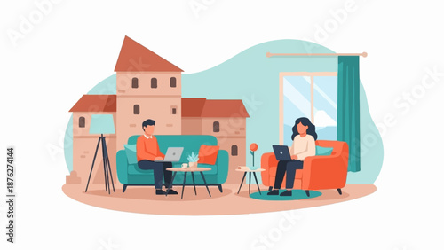 Two people work on laptops from home in a cozy living area